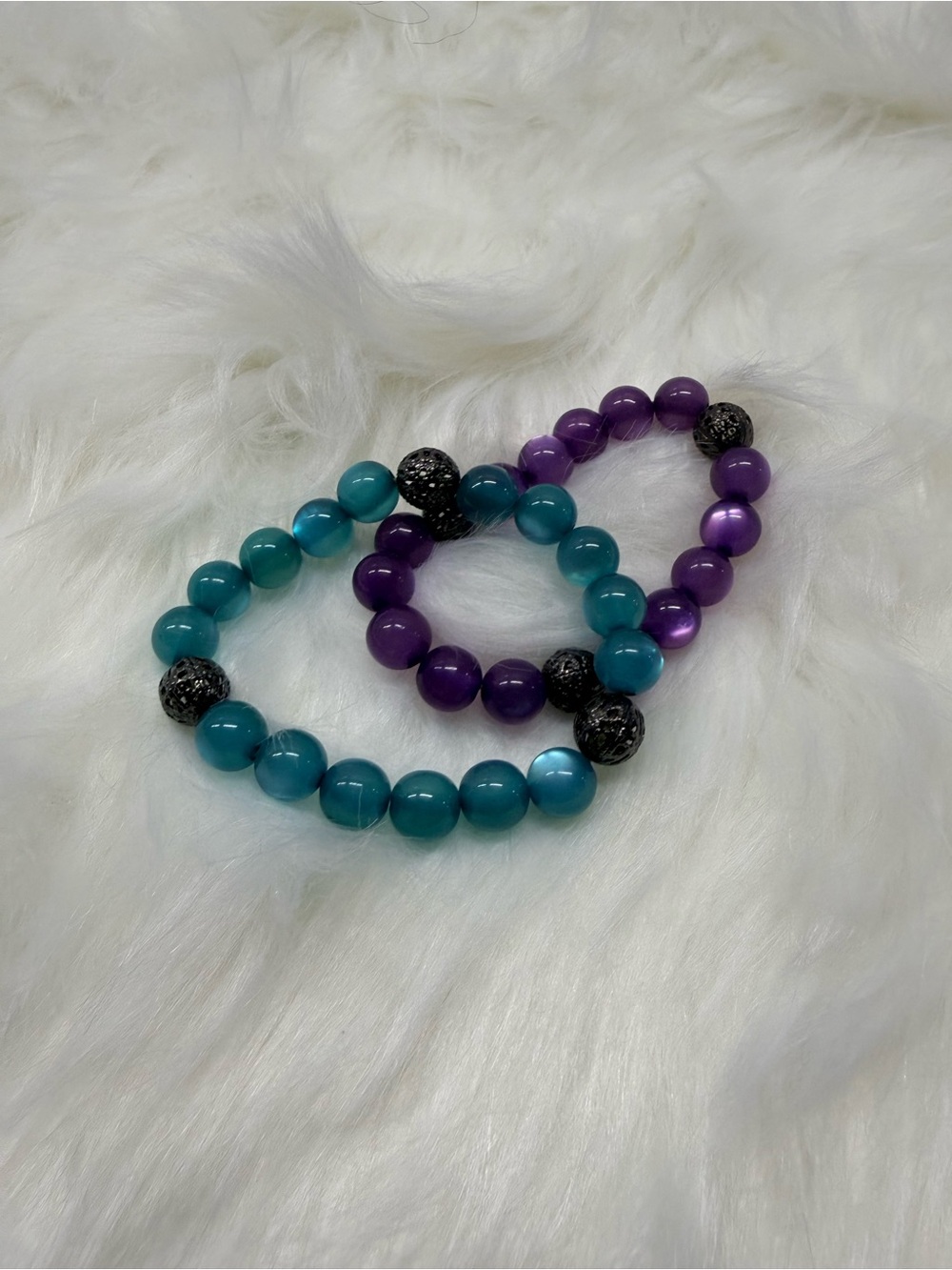 Purple and Teal Beaded Stretch Bracelets - Set of 2